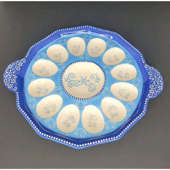 Deviled Egg Plate Tray Temptations by Tara Floral 11.5” Light and Dark Blue EUC - Picture 1 of 7